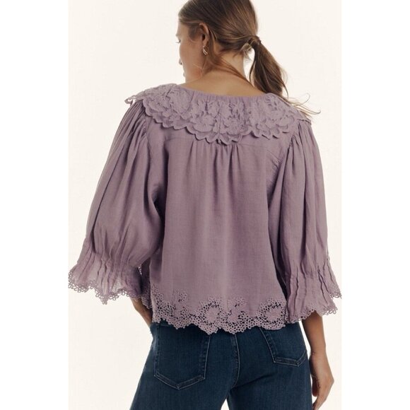 NWT Size S - By Anthropologie Linen Blend Lace-Collar Blouse (NWT US$ 128) - Picture 2 of 16